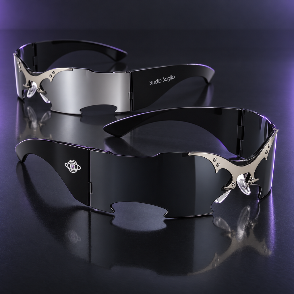 Lunettes de soleil techno STUDIO SAGLIO noires et argent, vue rapprochée